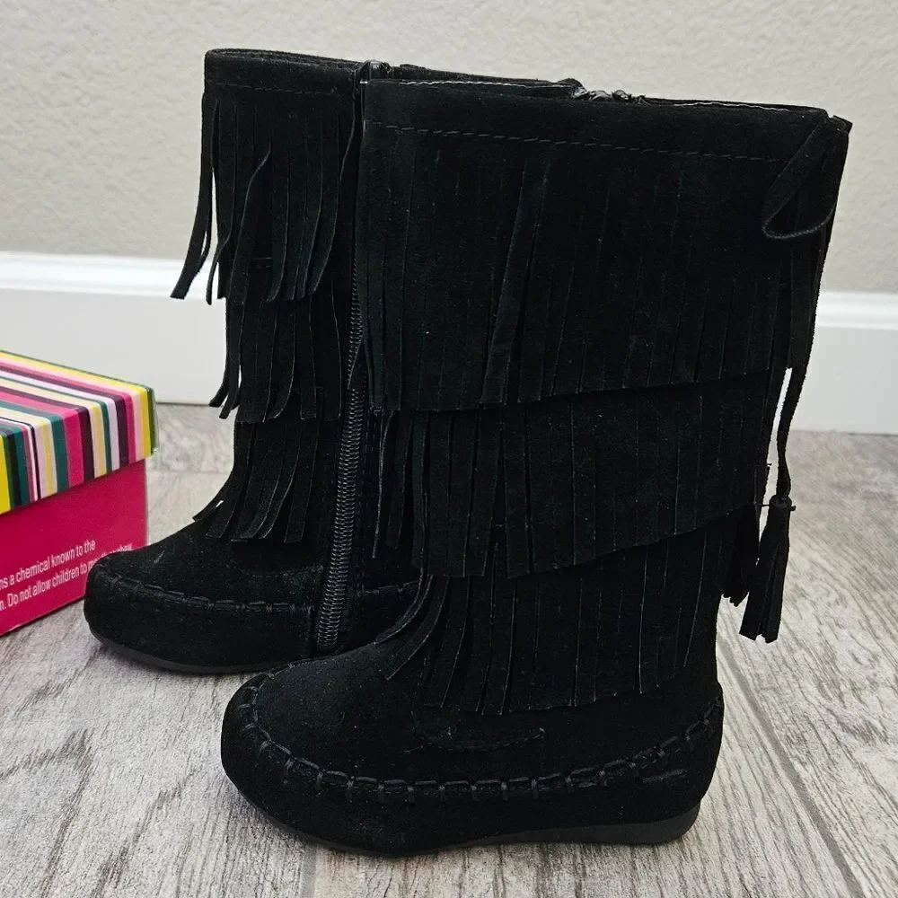 Link Candice 16KA Black Faux Suede Fringe Mid Calf Boots Size 5T